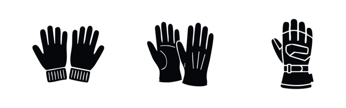 Set of black glove icons featuring winter knitted, leather, and tactical work glove styles on a white background.