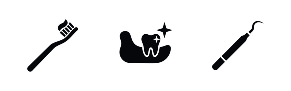 Professional dental care icon set featuring a toothbrush, shiny tooth in gums, and a scaler tool. Minimalist black vector graphics on white.