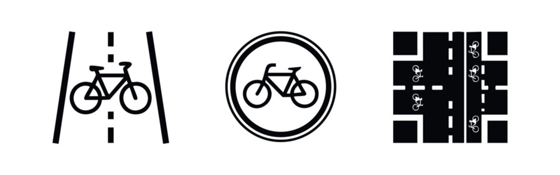 Vector icon set depicting bicycle lane markings, a circular bike path sign, and a road intersection with dedicated cycle tracks for urban planning.