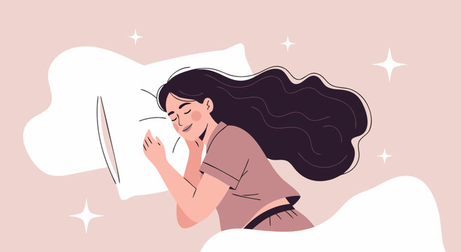 Vector illustration of a woman peacefully sleeping with a book on her bed at night