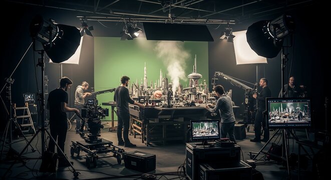 film set production crew shooting behind the scenes commercial photography lighting equipment green screen studio cinematic filming movie making process director camera operators technicians working