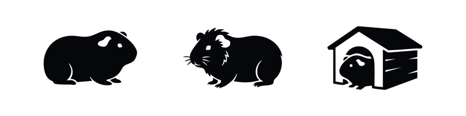 Obraz premium Black silhouette icons of guinea pigs in various poses, including one inside a small wooden pet house. Clean minimalist design on white background.