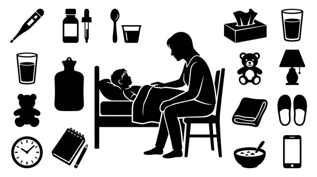 Sick Child Care Icons: Thermometer, Medicine, Bedridden Child, Parent, Tissues, Teddy Bear, Clock, Lamp, Bowl, Phone, Hot Water Bottle, Glass, Spoon, Dropper, Napkin, Blanket, Slippers