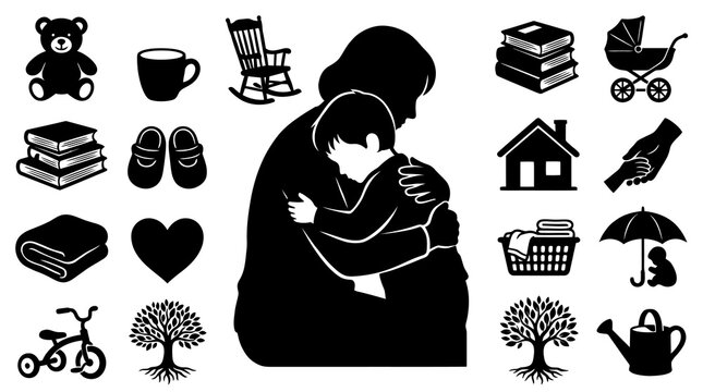 Black and white silhouette of a mother hugging her child, surrounded by parenting and family icons
