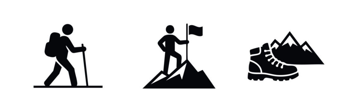 Minimalist black hiking icons including a backpacker, a climber on a mountain summit with a flag, and a hiking boot with peaks on white background.