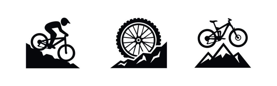 Set of minimalist black icons representing mountain biking adventure, featuring a downhill cyclist, rugged tire, and bike jumping over mountain peaks.