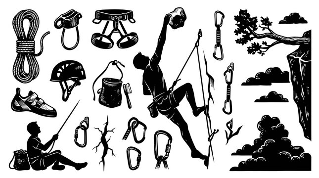 Rock Climbing Equipment and Climbers Black and White Engraving Style Illustration Set for Outdoor Adventure and Mountaineering Sport