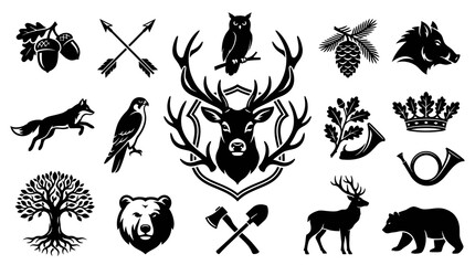 Obraz premium Vintage Black and White Forest Animals and Hunting Symbols Vector Icons
