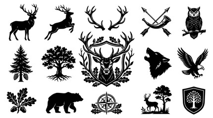 Obraz premium Vintage Hunting Emblems: Deer, Bear, Wolf, Eagle, Owl Icons