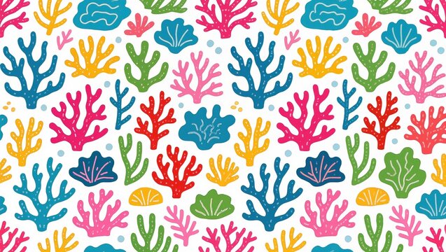 Seamless pattern of colorful hand-drawn coral and seashells. Vibrant underwater marine life background. Tropical ocean reef doodle illustration