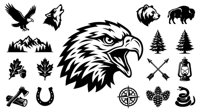 Black and White Wilderness Outdoor Adventure Vector Icon Set. Glyph Symbols for Wildlife, Nature, and Camping including Eagle, Wolf, Bear, Mountains, Trees.