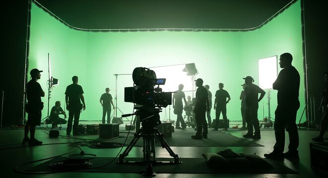 film crew preparing to shoot on green screen with camera and lighting equipment setup in studio with silhouetted technicians and actors standing by ready for production