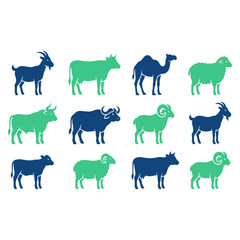 Obraz premium Farm Animals Silhouette Icon Set for Qurbani with Cow Goat Sheep Camel Livestock Vector Collection