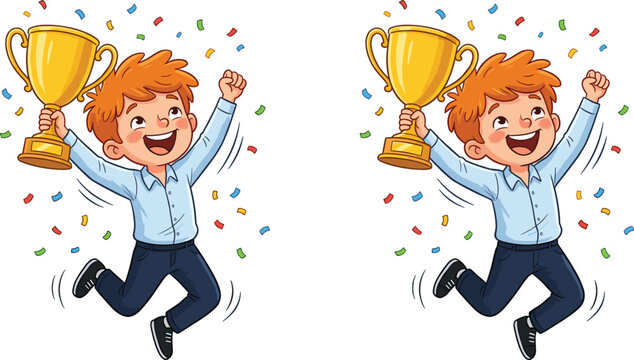 Happy kid celebrating victory holding golden trophy jumping with confetti success achievement winner concept cartoon vector illustration set