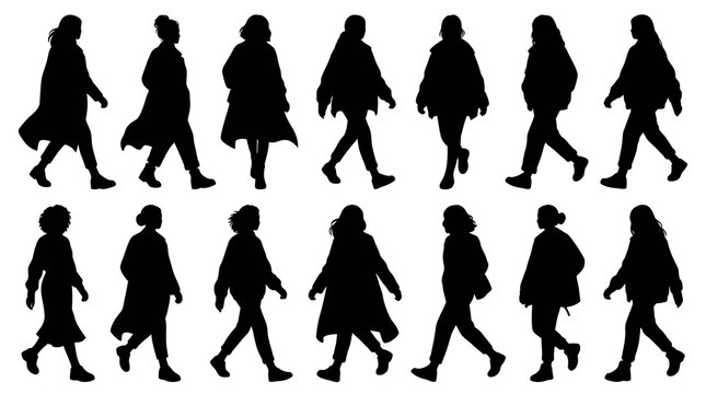 People Walking Silhouettes Vector Illustration Set - Diverse Women Pedestrians in Black  White Style for Lifestyle and Urban Concepts