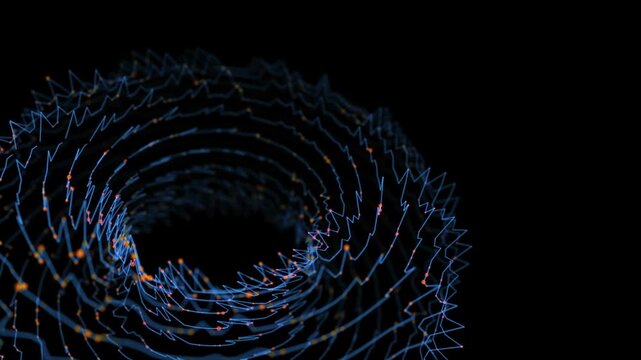 Abstract futuristic torus graph from grid connecting data dots glowing in dark. Big Data. Concept visualization for technology, science and computing.