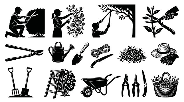 Gardening Tools and Activities Black  White Silhouette Vector Icons Set. Essential Glyph Art for Horticulture and Landscaping Industry.