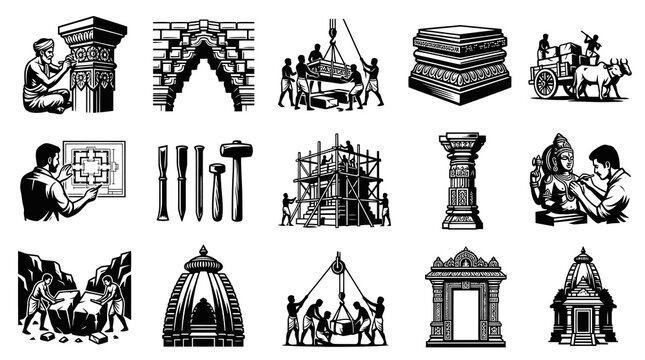 Traditional Indian Architecture  Stone Carving Craftsmanship Vector Icons. Ancient Temple Building, Artisan Work, Construction Process,  Hand Tools Engraving Style Illustrations Set.