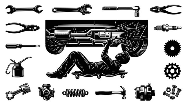 Black and White Automotive Service and Repair Tools with Mechanic Working Under Car Engraving Style Vector Set