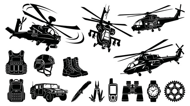 Military Army Equipment Vector Silhouette Icon Set. Collection of Tactical Helicopters, Humvee, Gear, Boots, and Weapons for Special Forces.