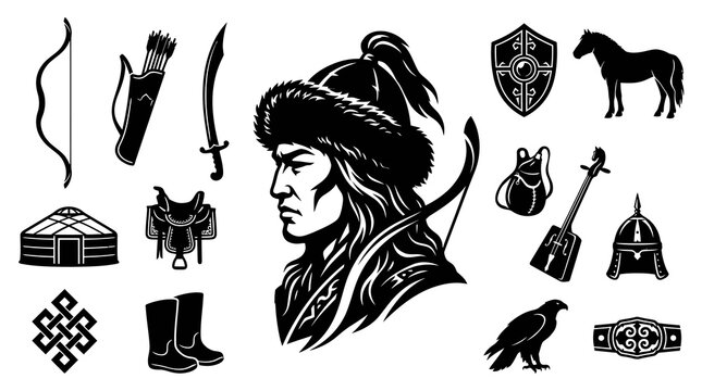 Mongolian Culture Black and White Glyph Vector Icons Set. Collection of Nomadic Warrior Silhouette Elements, Weapons, Tools, and Traditional Symbols.
