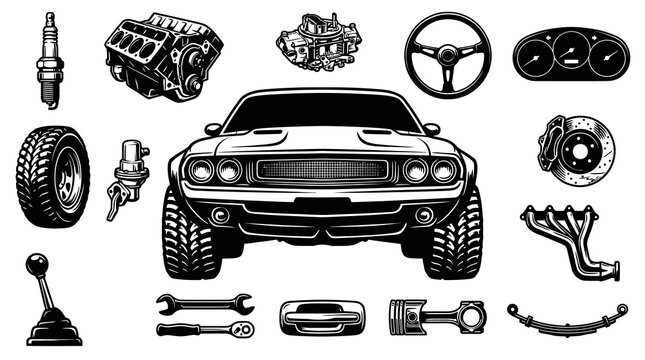 Classic Muscle Car and Automotive Parts Vector Set. Black  White Vintage Line Art Illustration for Hot Rod, Garage, and Car Repair Niche.