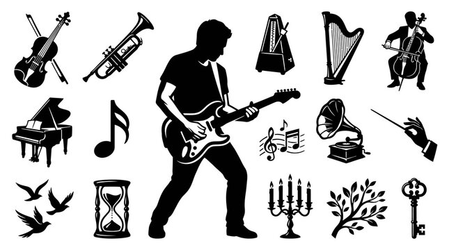 Black and White Vector Icons: Music Instruments, Rock Star, Classical Orchestra, Metronome, Gramophone, Birds, Hourglass, Candelabra, Tree, Key