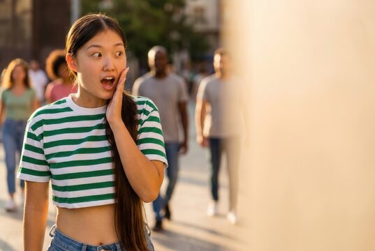 Young woman expressing surprise with her hand on her face in a bustling outdoor street