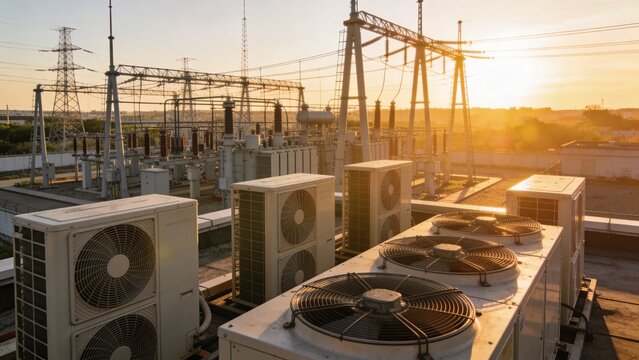 Air conditioning units on an industrial rooftop at sunset with power lines