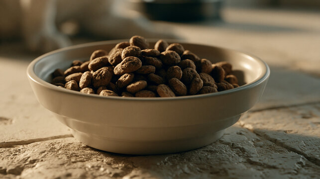 Close-up of a light beige bowl brimming with roasted coffee beans coffee powder coffee ground