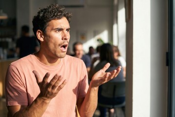 Naklejka premium Man looking surprised and confused, hands open, talking in a cafe
