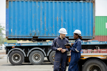 Obraz premium Two engineers industrial in protective gear discuss logistics near a blue shipping container on a truck at an industrial shipping yard.