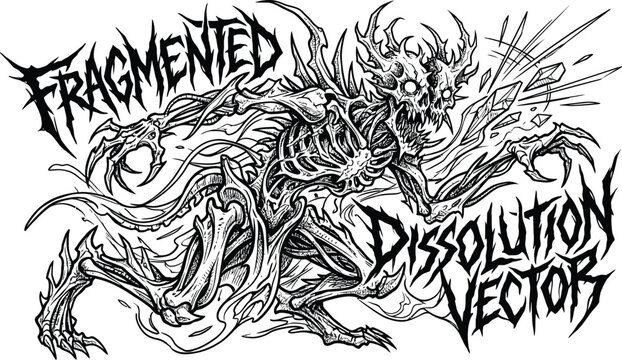 Black and white line art of chaotic monster face
