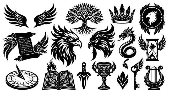 Black and White Fantasy  Mythology Glyph Vector Icon Set: Heraldic Symbols, Magic Emblems, and Ancient Motifs for Gaming and Esoteric Themes