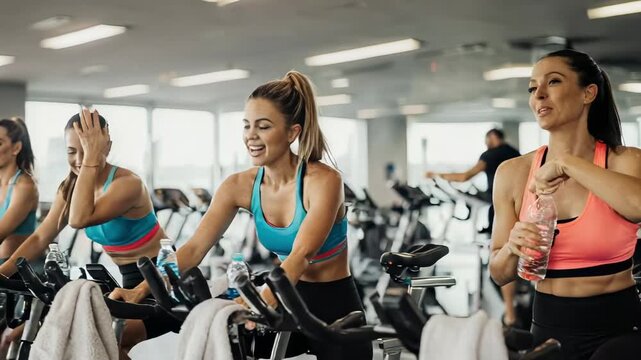 Modern studio features women cycling on stationary bikes intense cycling builds cardiovascular strength fast cycling improves mood footage suits fitness marketing campaigns perfectly today now.
