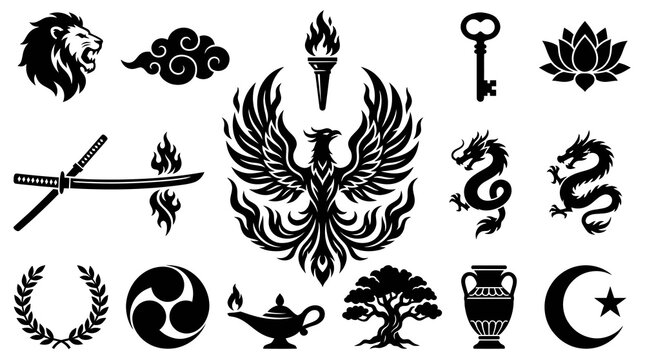 Graphic Design Resource: Black  White Silhouette Vector Symbols Set. Mythological  Cultural Elements like Phoenix, Dragon, Lion, Lotus, Key Icons