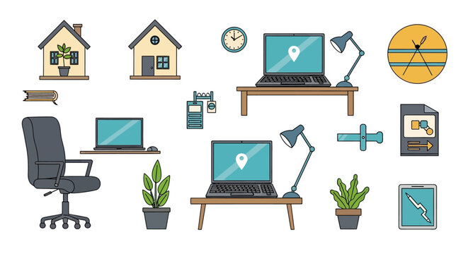 Flat design icons of a home office setup with laptops, plants, and furniture.