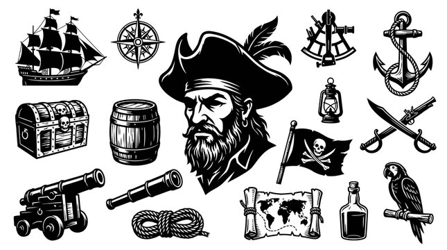 Black and white vector illustrations of pirate icons: ship, treasure chest, cannon, compass, skull flag