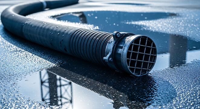 Industrial heavyduty water suction hose with mesh filter nozzle on wet asphalt professional drainage equipment for flood control and site dewatering management