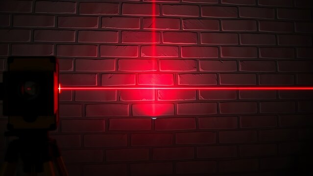 prerequisite. A red laser beam precisely aligned on an unfinished brick wall in a workshop. product launch decks, UI/UX mockups, designed for product launches and innovation pitches.