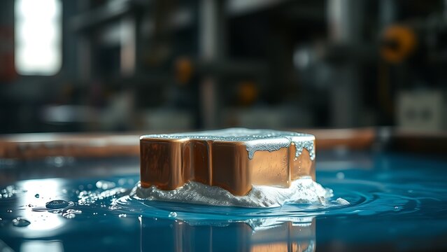 electrolytic. A copper part emerging from a blue electrolytic bath in an industrial setting. safety posters, maintenance manuals, designed for precision metalworking and fabrication facilities.