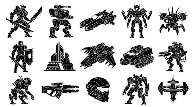 Sci-Fi Technology Vector Icons: Futuristic Robots, Mechs, Spaceships, Vehicles, and Weapons in Glyph Silhouette Style for Gaming