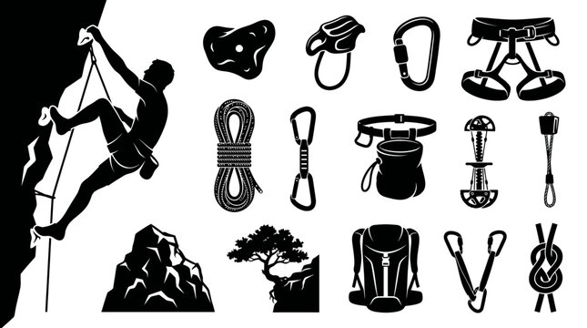 Rock Climbing Gear Icons Set. Mountaineering and Outdoor Adventure Sport Equipment Silhouettes. Black and White Vector Illustration.