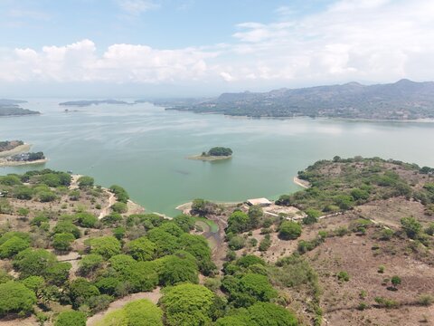 Aerial drone view of the islands on Lago Suchitlan in El Salvador. The Cerr&oacute;n Grande Reservoir, also known locally as Lake Suchitl&aacute;n