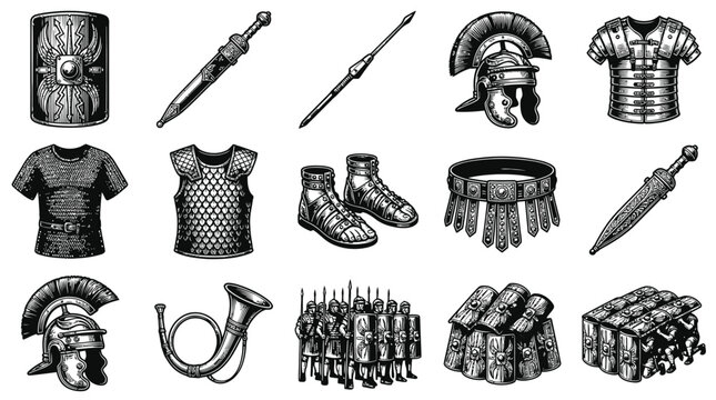 Black and White Engraved Style Icons of Ancient Roman Military Gear, Weapons, and Legionaries