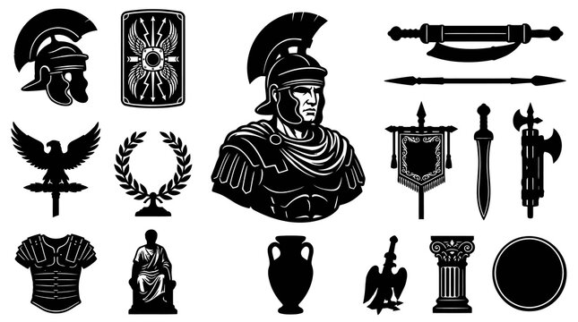 Ancient Rome Icon Set. Black and White Glyphs of Roman Empire Symbols: Legionary, Helmet, Eagle, Shield, Weapons, Armor, Column, Fasces, Wreath.