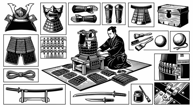 Samurai Armor and Warrior Accessories - Black and White Engraving Style Vector Art
