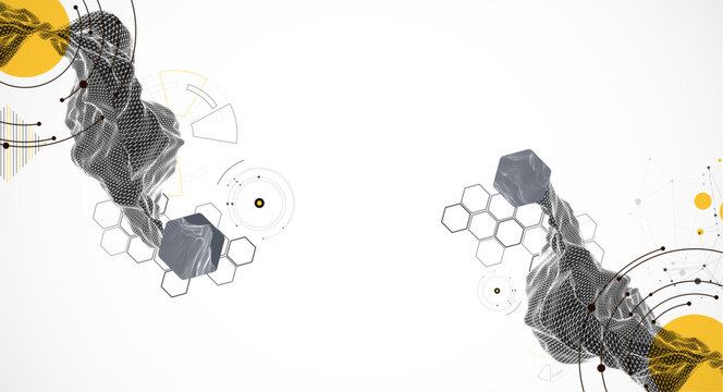 Abstract art composition with wireframe waves, geometric shapes, dots, and lines. Vector