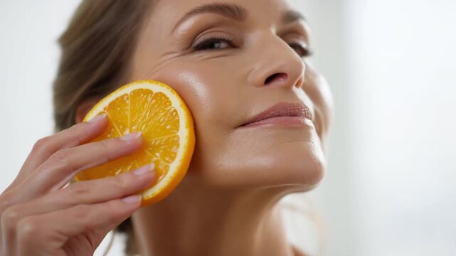 Adult woman holds orange slice showing fresh look fresh fruit energize mind fresh start begins with nutrition fresh feeling lasts all day today now here ok yes always now here.