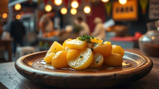 butter. Golden potato dish with butter and herbs on rustic plate, festive food stall atmosphere. menu design, packaging mockups, designed for culinary blogs and recipe cards for restaurants.